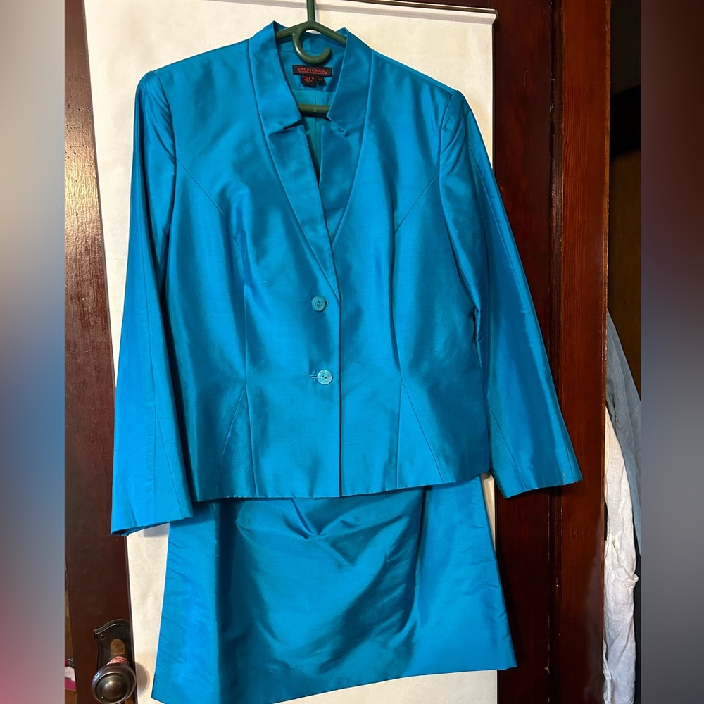Vintage 2 piece blue 100% silk Simon Chang suit blazer & skirt Sz 14